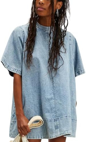 Womens Short Sleeve Denim Dress Back Zipper Ribbed Crew Neck Loose Distressed Jean Mini Dresses w... | Amazon (US)