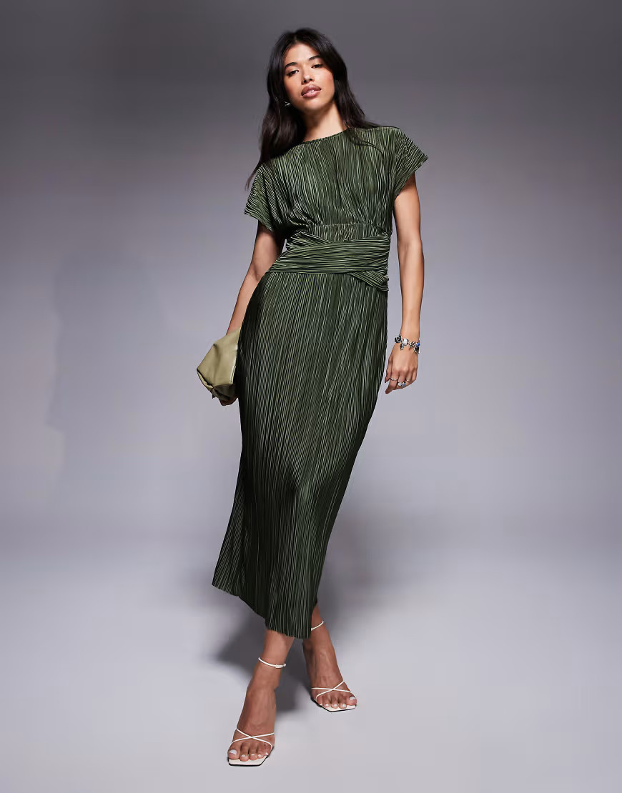 ASOS DESIGN plisse sleeveless twist front maxi dress in khaki-Green | ASOS (Global)