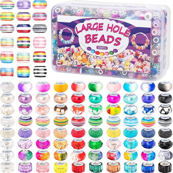 500 Pcs European Large Hole Beads, Assorted European Craft Beads Mixed Color Lampwork Spacer Bead... | Amazon (US)