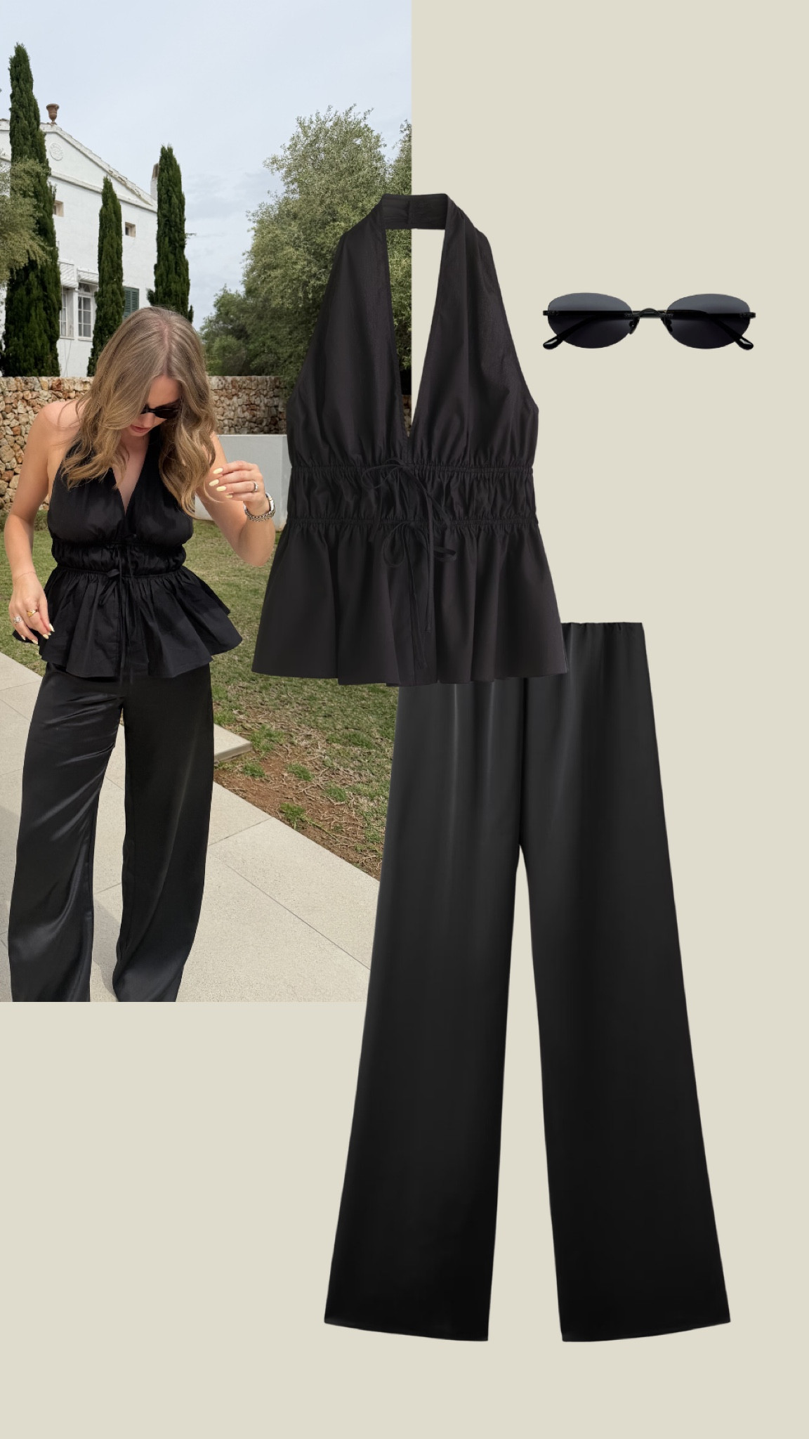 Holiday outfit
Mango black silk trousers 
Black H&M turned top 
Vehla sunglasssee 