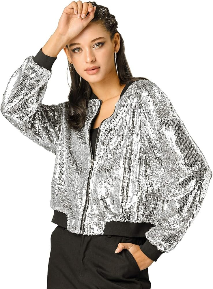 Allegra K Women's Sequin Jacket Casual Long Sleeve Zipper Fall Winter Shiny Glitter Sparkly Bombe... | Amazon (US)
