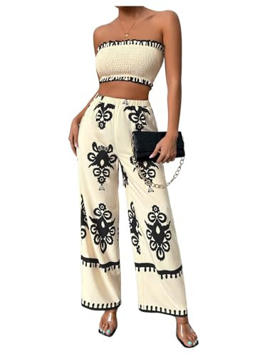 WDIRARA Women's 2 Piece Outfits Sleeveless Strapless Smocked Crop Tube Top and Graphic Wide Leg Pants Set Multicolor Medium | Amazon (US)
