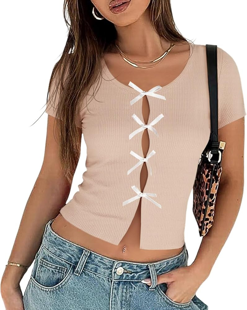 Tankaneo Womens Cropped Bow Tops Y2k Going Out Short Sleeve Fitted Shirts Summer Coquette Crew Ne... | Amazon (US)