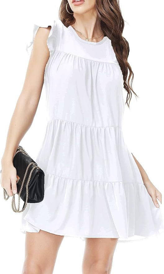 Women Summer Cute Ruffle Sleeve Casual Loose Solid Color Flowy Baby Doll Smoked Pleated Swing Min... | Amazon (US)