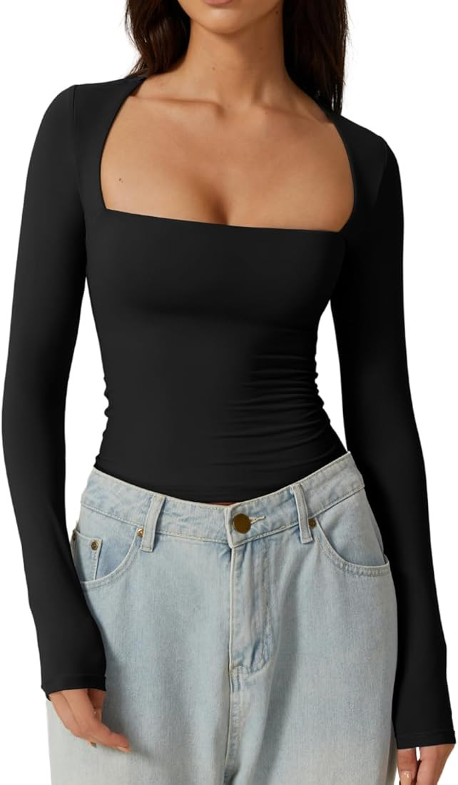 QINSEN Women's Sexy Square Neck Shirt Long Sleeve Double Lined Tees Fitted Going Out Tops | Amazon (CA)