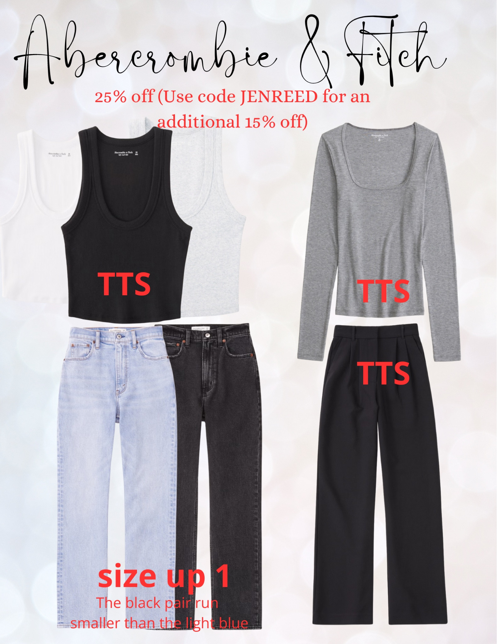 Tanks run TTS, I wear these a TON!

Square neck top, TTS, such good quality! Nice and stretchy and so soft.
Jeans: I literally just got these yesterday and they’re AMAZING! Both run small, so size up 1, but the black fit tighter than the blue ones. So maybe go up 2 sizes in those especially if you’re not a fan of tighter fitting jeans
Sloan pants run TTS. I sized up 2, but I could have gone w my true size  

#LTKCyberWeek #LTKHoliday #LTKGiftGuide