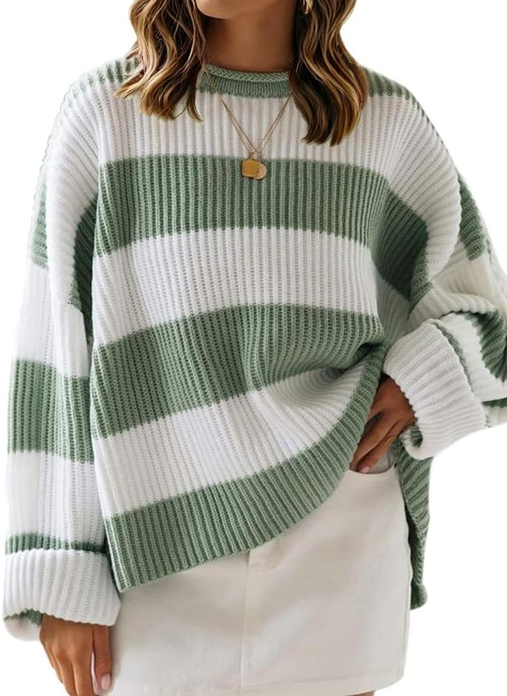Women's Striped Knitted Pullover Crew Neck Fall Winter Sweater Long Sleeve Color Block Jumper | Amazon (US)