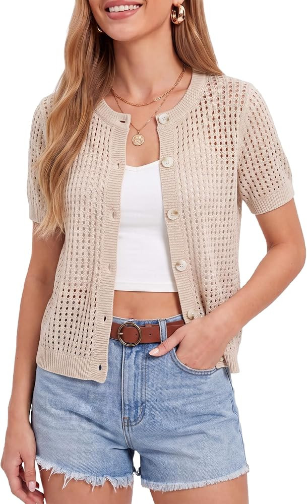 Crochet Cardigans for Women Short Sleeve Button Front Open Knit Sweater | Amazon (US)