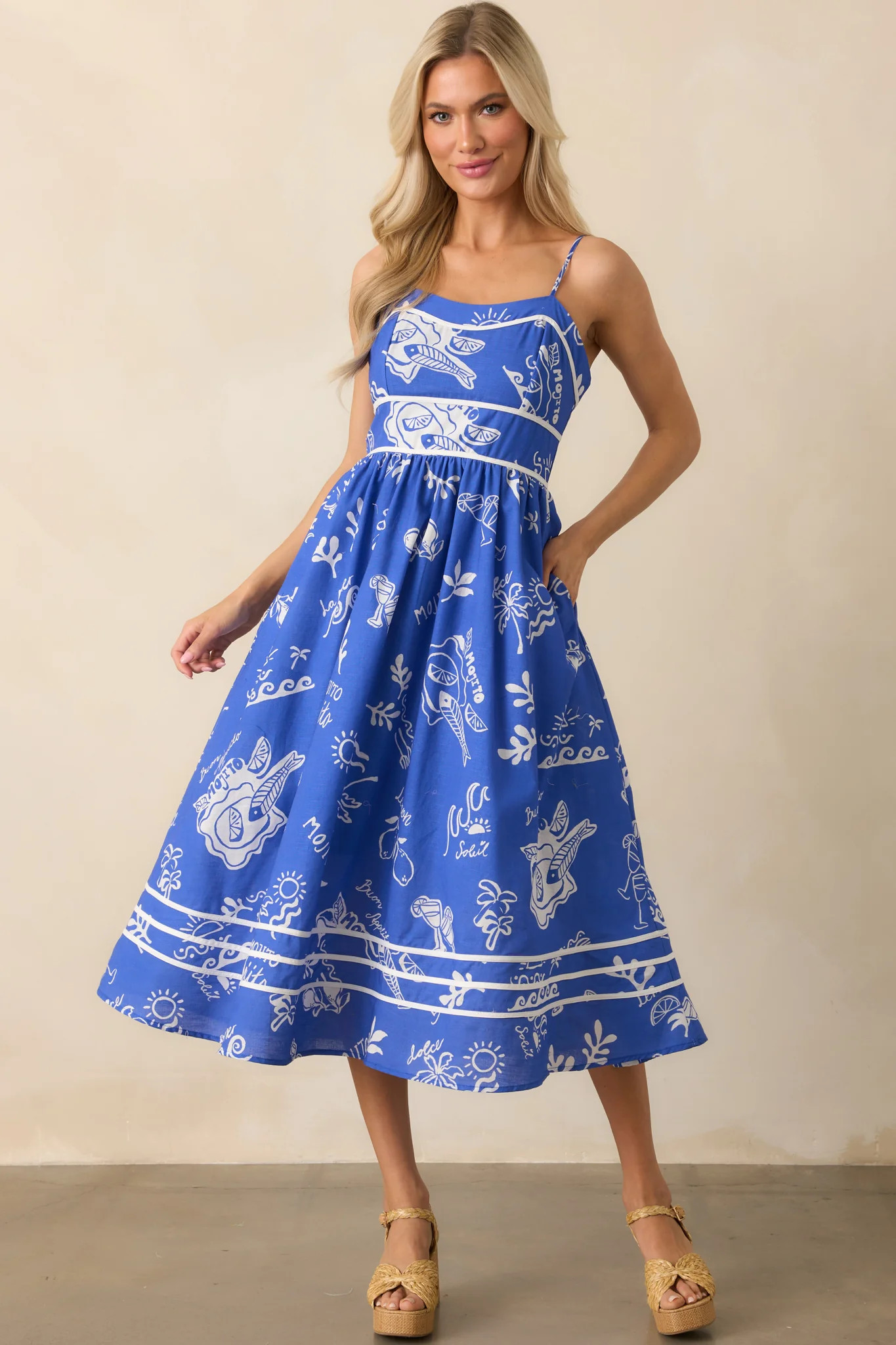 Prosperina Silvia Royal Blue Mojito Print Linen Midi Dress | Red Dress
