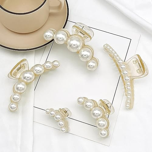 SEMATA 5PCS Pearl Hair Clips: Elegant Claw Clips for Thick or Thin Hair, Non-Slip Strong Large Clips for Girls and Women | Amazon (US)