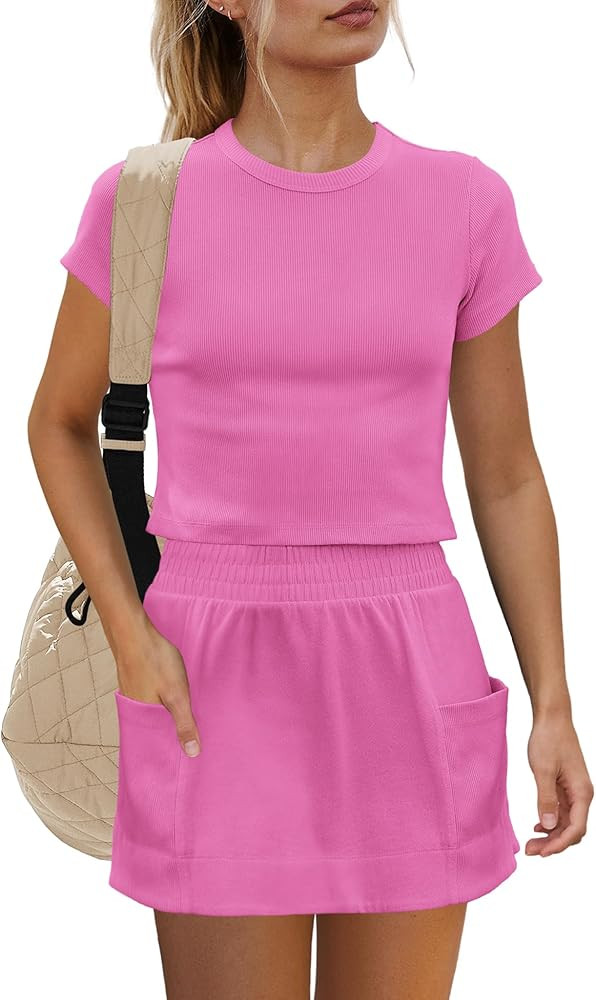 Yanekop Womens 2 Piece Tennis Skirt Sets Outfits Two Piece Matching Lounge Sets Short Sleeve Ribb... | Amazon (US)