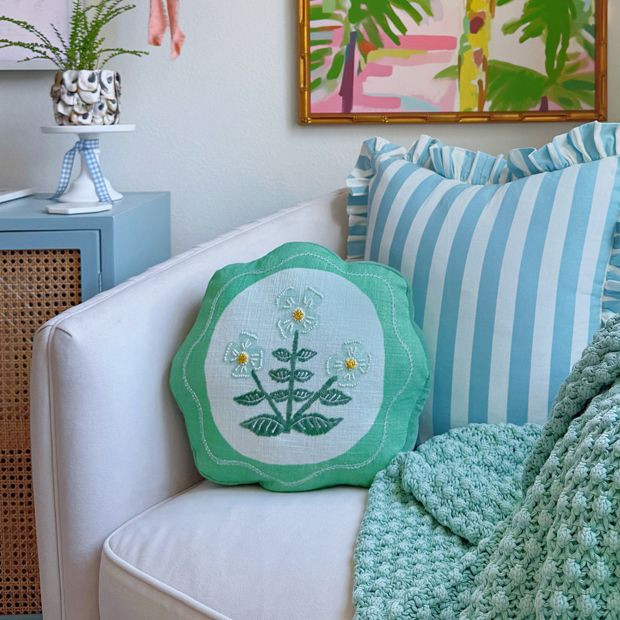 Scalloped Accent Pillow With Embroidered Flowers | Antique Farm House