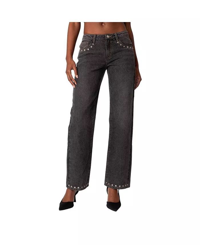 Edikted Women's Rivet trim straight leg jeans - Macy's | Macy's