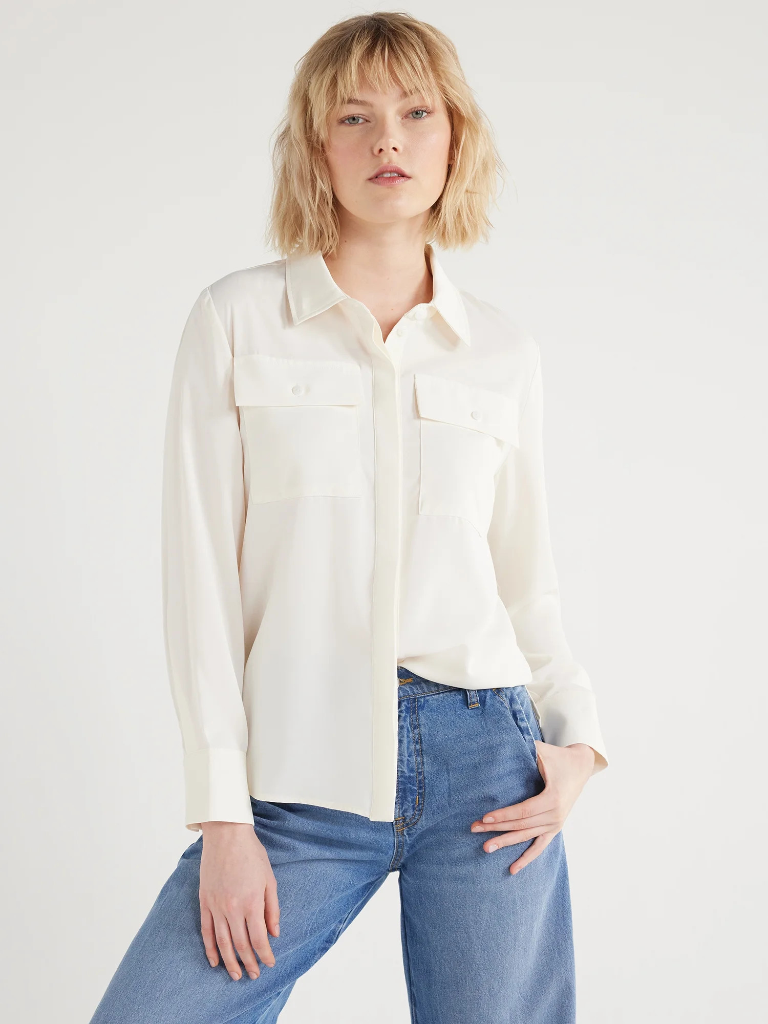 Scoop Women's & Women's Plus Button Down Blouse with Two Pockets, Sizes XS-4X | Walmart (US)