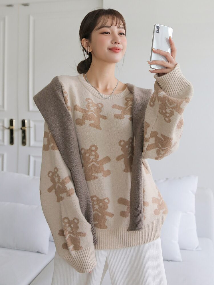 Bear Pattern Drop Shoulder Oversized Sweater | ROMWE