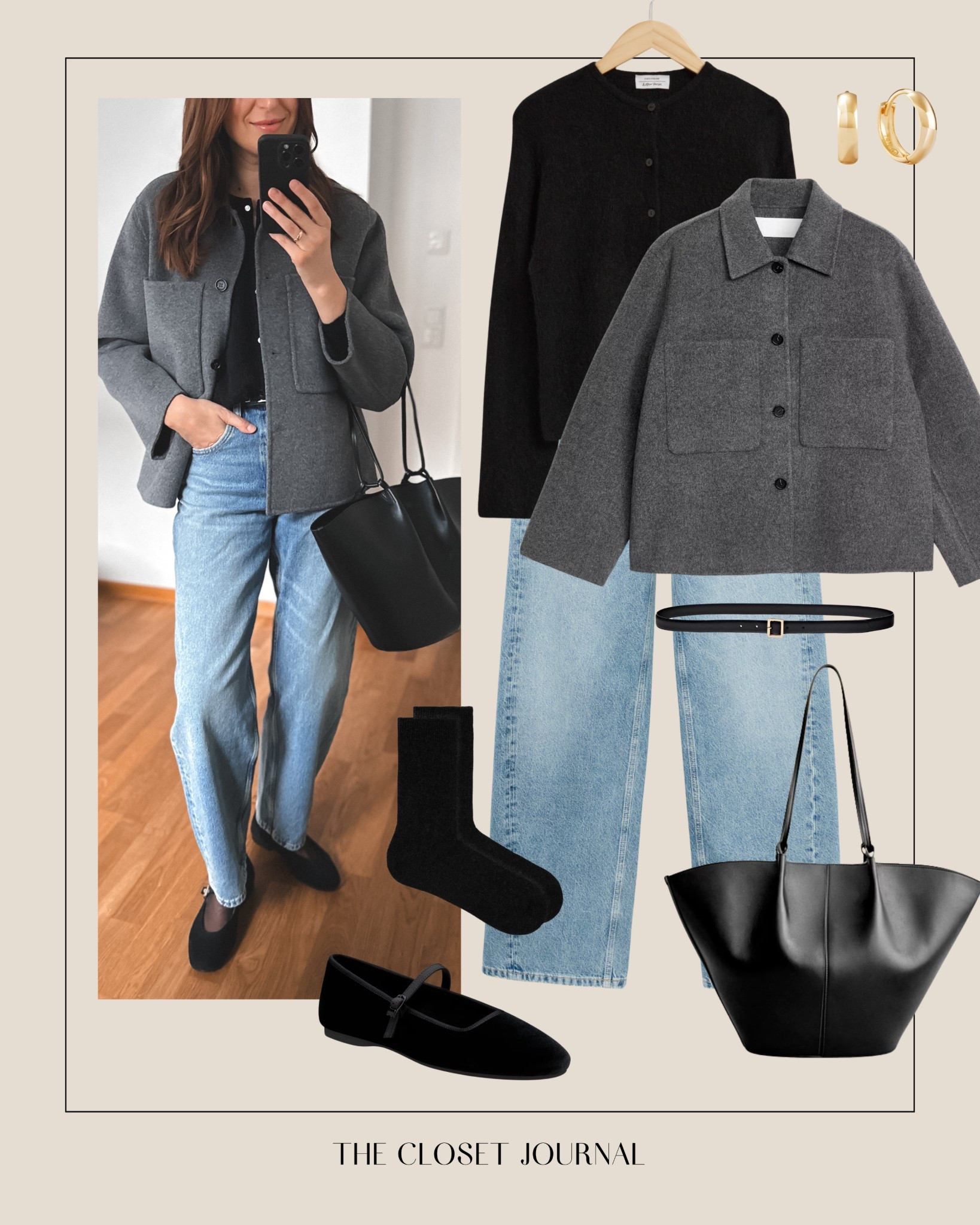 Simple Casual Look - Grey jacket , barrel leg jeans, black cardi