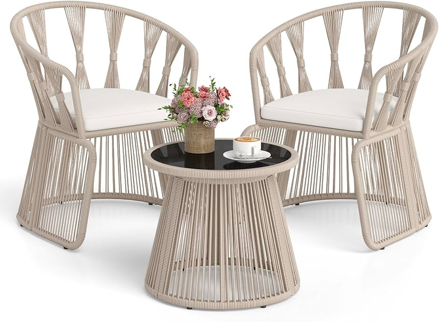 Tangkula 3 Piece Patio Leisure Chair Set, Outdoor Rope-Woven Cushioned Armchairs & Table Set with... | Amazon (US)