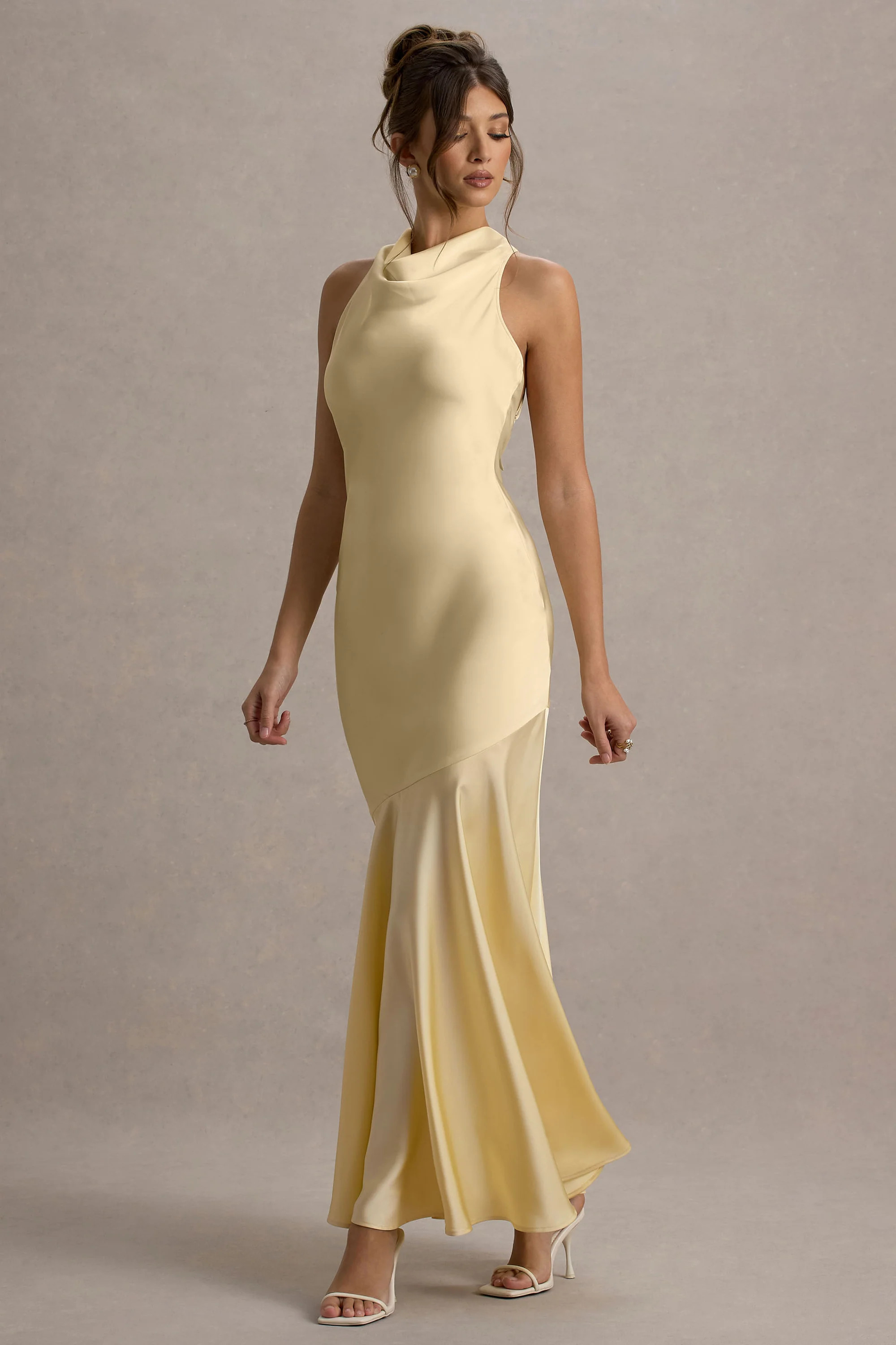 Amelita | Lemon Satin Cowl-Neck Maxi Dress | Club L London
