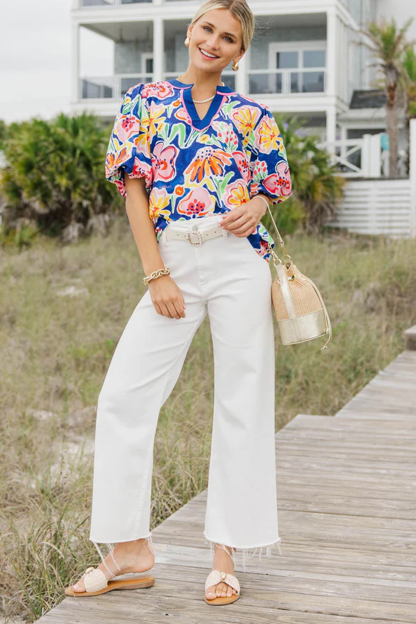 Cute Everyday Royal Blue Large Floral Blouse | The Mint Julep Boutique