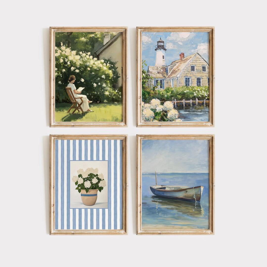 Vintage Coastal Wall Art Set of 4, Hydrangea Print, Lighthouse Painting, Summer Garden Gallery, N... | Etsy (US)