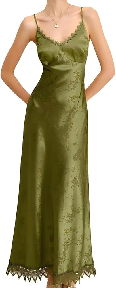 RIHOAS Women Spaghetti Strap Lace V Neck Maxi Dress Semi Formal Wedding Guest Cocktail Sexy Back ... | Amazon (US)