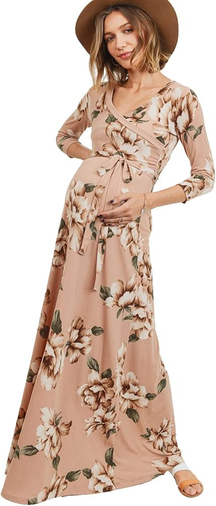 HELLO MIZ Women's Faux Wrap Maxi Maternity Dress with Belt - Made in USA | Amazon (US)