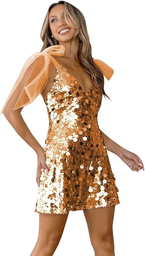 MYDRESS Sparkly Homecoming Dress 2026 V Neck Short Mini Club Sequin Dress with Bow | Amazon (US)