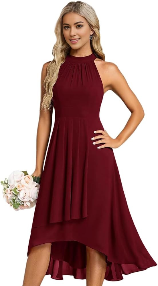 Women’s Chiffon Halter Neck Midi Dress Sleeveless High Low Asymmetric Hem Cocktail Dress | Amazon (US)