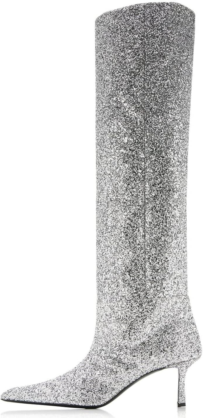 Arqa Women's Knee High Boots Pointed Toe Stiletto Heel Pull-on Glitter Boot | Amazon (US)
