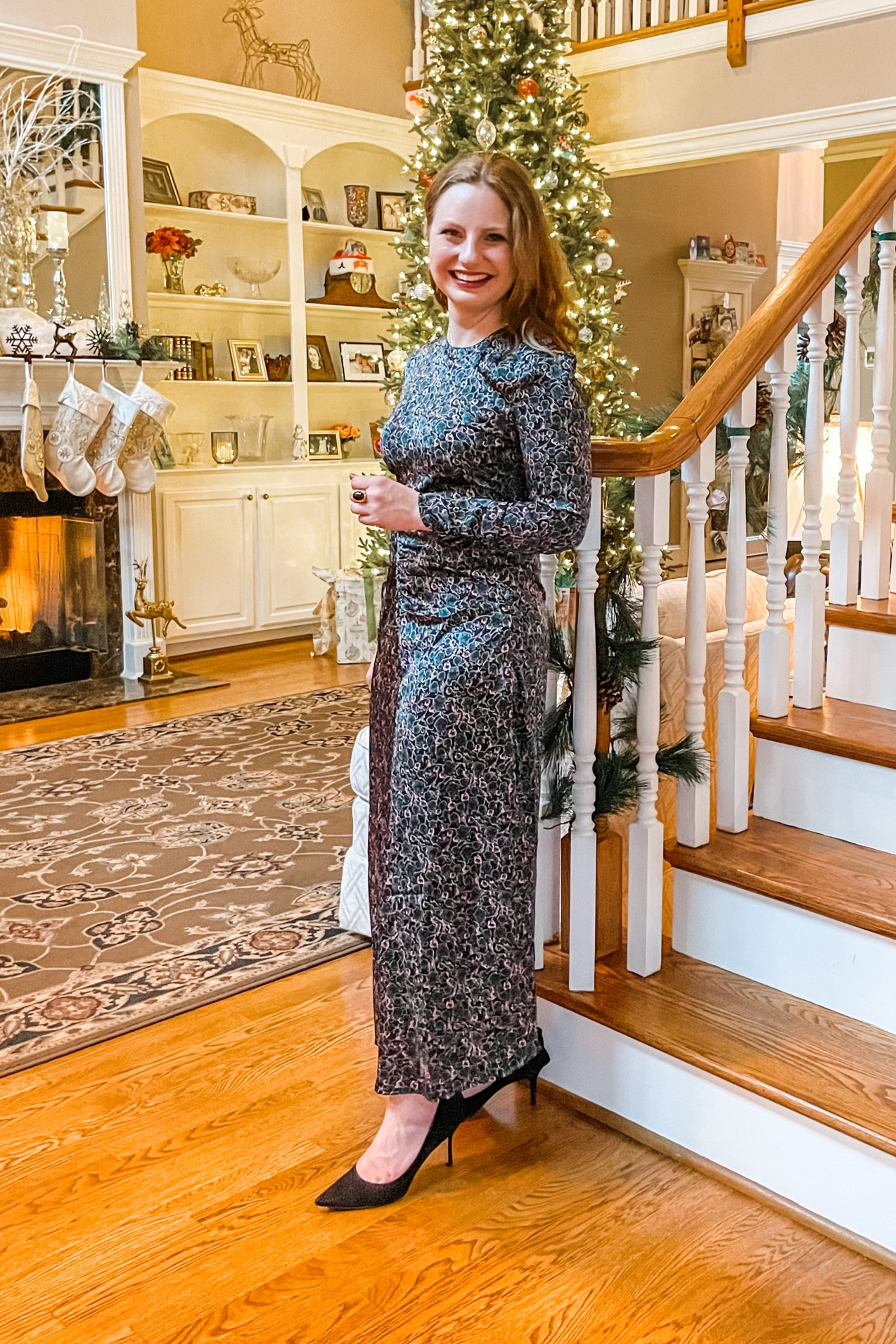 ASTR the Label satin midi dress with side slit and ruching. Wearing a S. 

#LTKstyletip #LTKFind #LTKHoliday