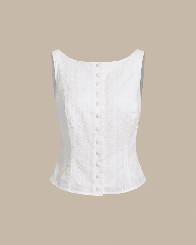 White Textured Boat Neck Button Vest & Reviews - White - Tops | RIHOAS | rihoas.com