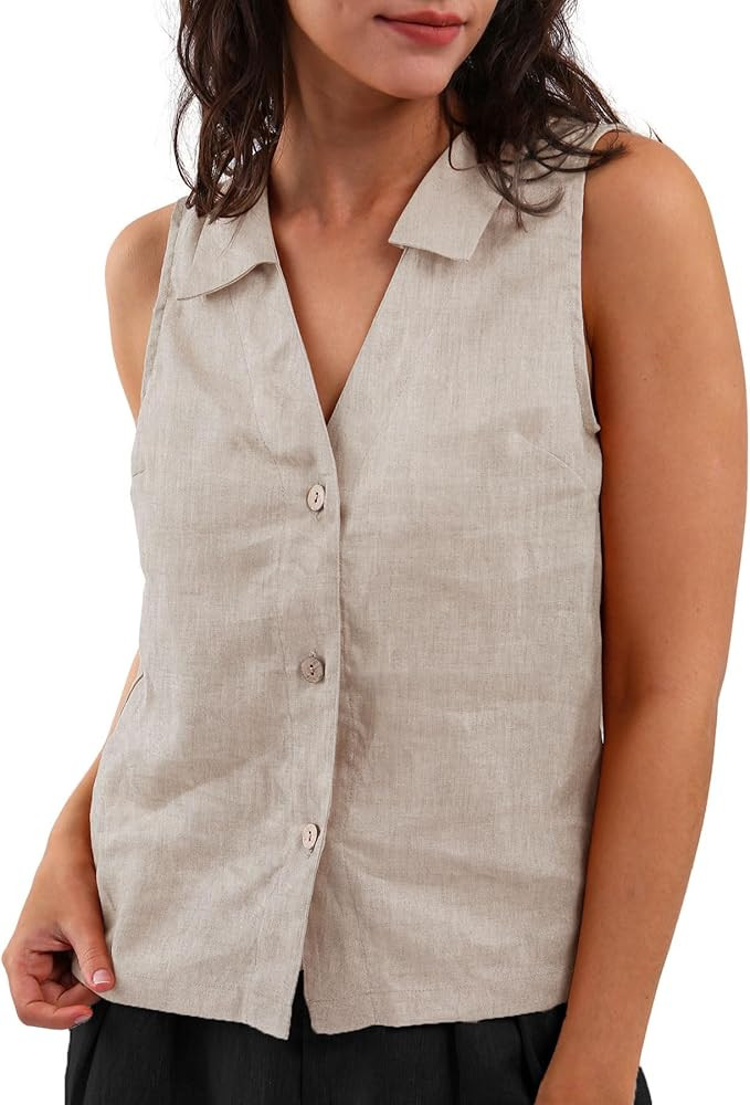 Amazhiyu Women's 100% Linen Summer Sleeveless Button-Down Tops Slight Crop Vest | Amazon (US)