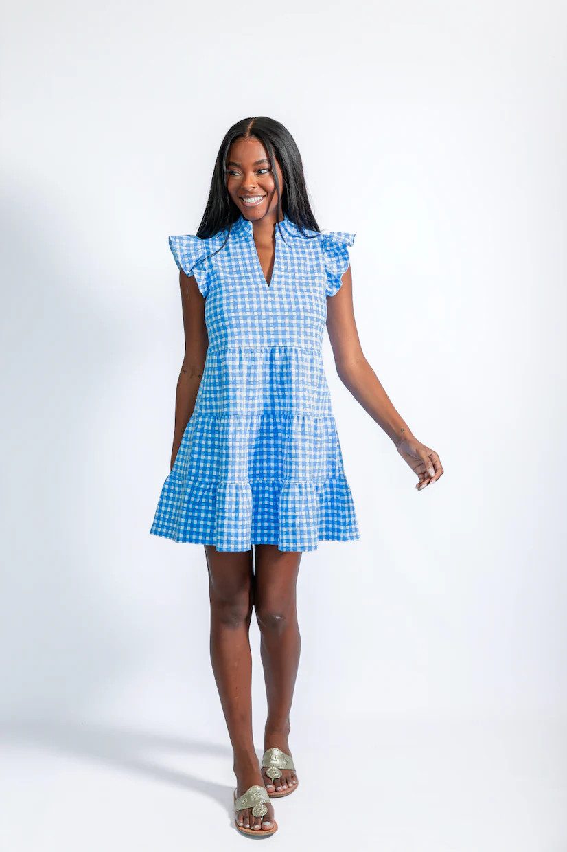 Coastal Blue Gingham Flutter Sleeve Flare Tunic | Sail to Sable