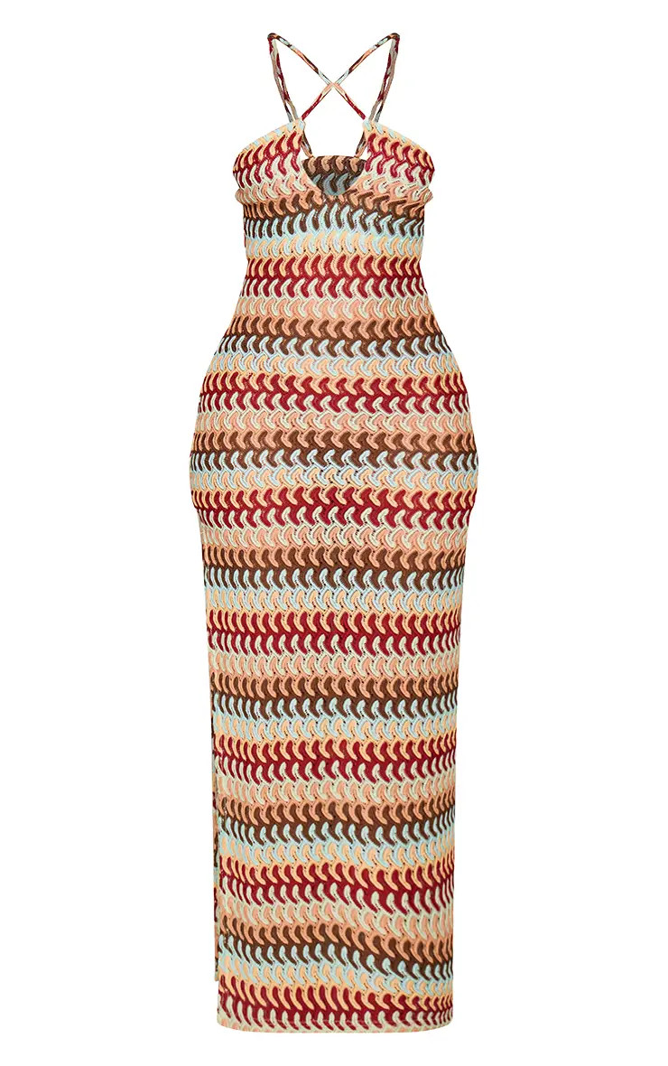 Petite Blue Stripe V Neck Crochet Strappy Maxi Dress | PrettyLittleThing UK