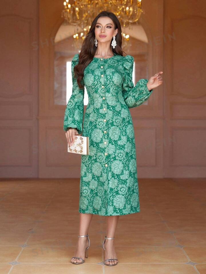 SHEIN Modely Vestido De Manga De Farol Para Mujer Con Impresión Floral | SHEIN