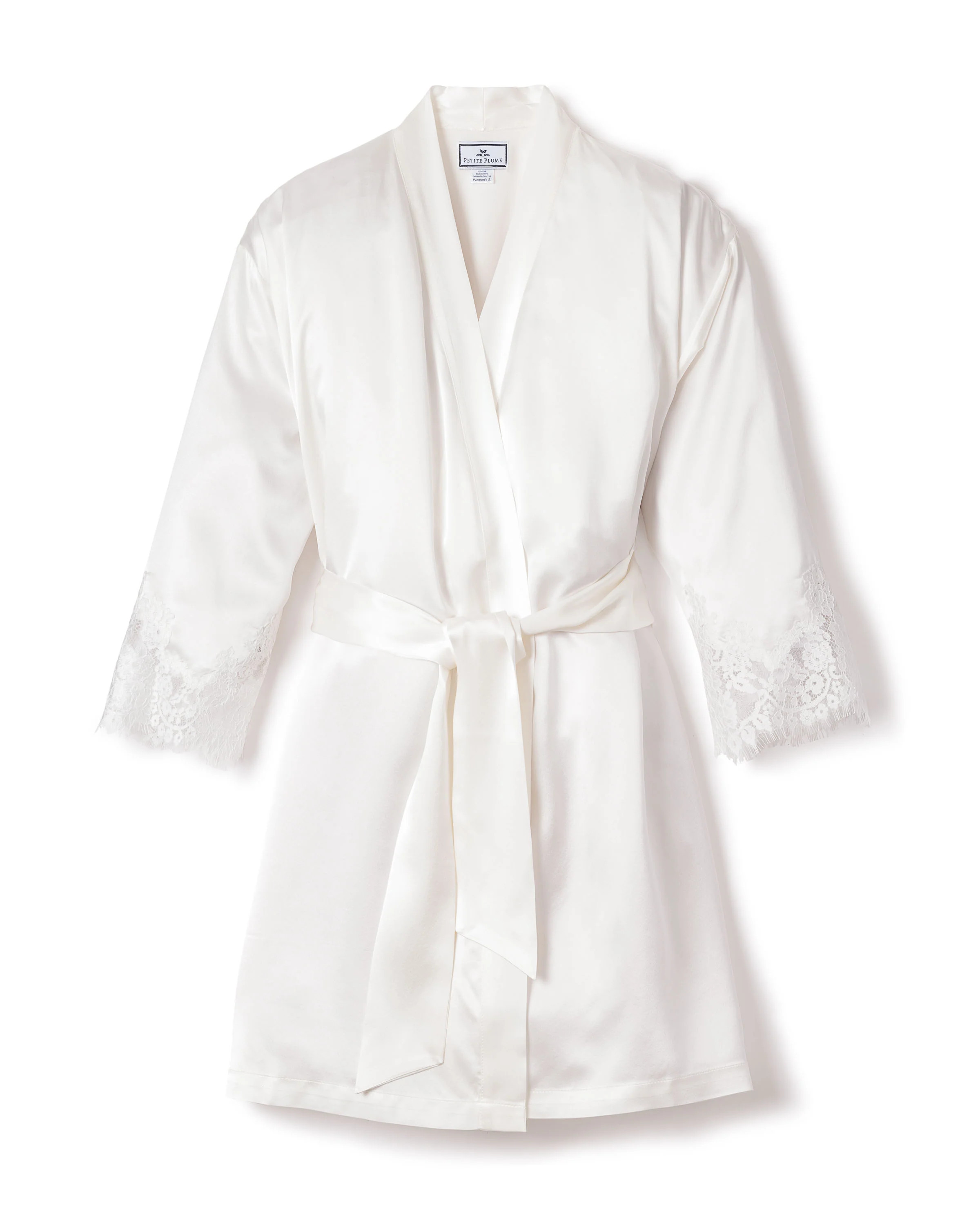 Women's Silk Lace Robe in White | Petite Plume