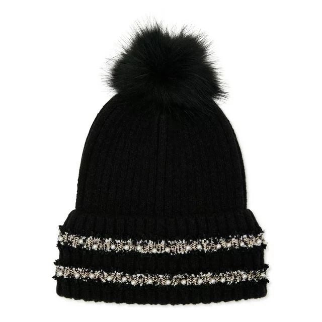 Time and Tru Women's Pearl Trim Ribbed Beanie | Walmart (US)