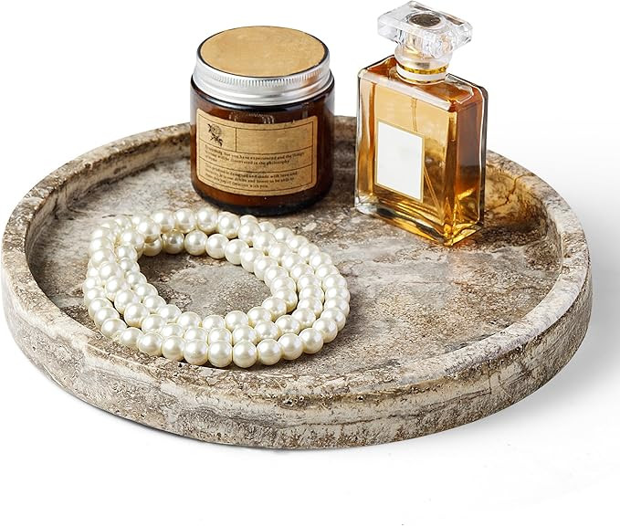 Round Marble Vanity Tray, Gray Travertine,Natural Marble Stone Decorative Tray for Counter, Bathr... | Amazon (US)