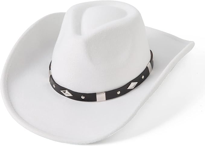 Lanzom Women Men Classic Felt Wide Brim Western Cowboy Cowgirl Hat with Belt Buckle | Amazon (US)