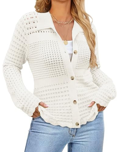 Crochet White Cardigan Sweaters for Women Button Down Dressy Fall Long Sleeve White Cardigans Shrug White XL | Amazon (US)