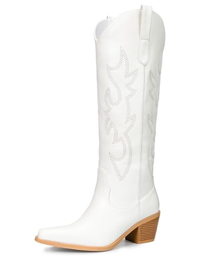 Pasuot Western Cowboy Boots for Women - Knee High Wide Calf Cowgirl Boots, Slip On Pointed Toe Chunky Heel Fashion Retro Classic Pull On Tall Boot for ladies Party concert White US 9.5 | Amazon (US)
