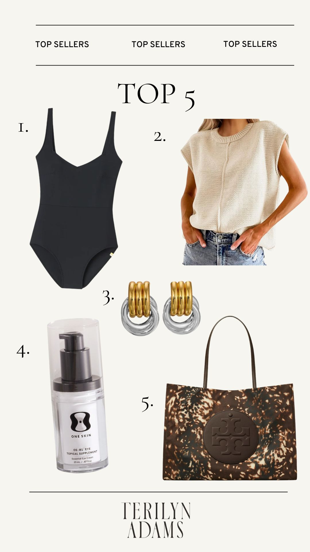 Most loved this week:
1. Summersalt seascape sweetheart one-piece (flattering neckline)
2. Cap Sleeve Sweater from Amazon (i own it in 3 colors)
3. Heaven Mayhem mixed metal knot earrings
4. OneSkin Topical Eye Cream (I've been using this for 2 years)
5. Animal Print Tote (a huge trend this year) 

 #LTKootd #LTKOver40 #LTKBeauty