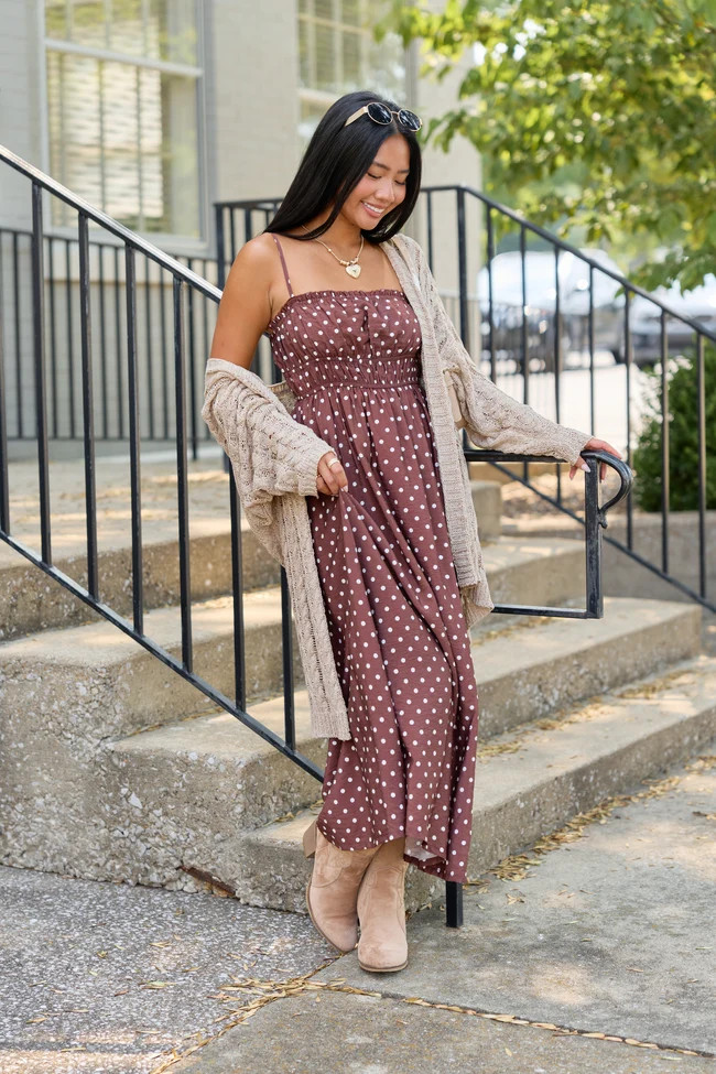 Lovingly Yours Polka Dot Midi Dress Brown | Pink Lily