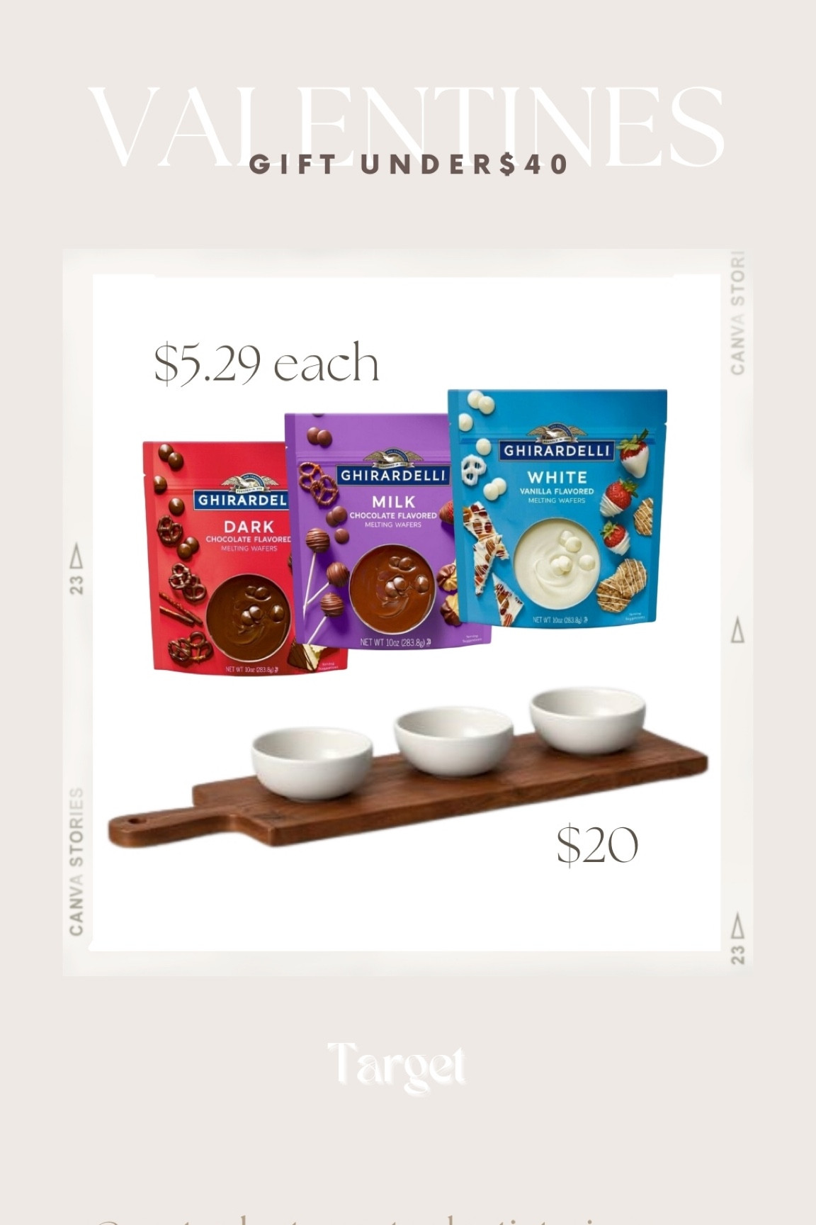 This cutting board and ceramic bowl set is the perfect budget friendly gift to pair with three different melting chocolates!
Add in their favorite cookies or even some fresh fruit to go along with this cute gift idea!

#ValentinesDay #giftidea #Valentinesgift #budgetfriendly 

#LTKGiftGuide