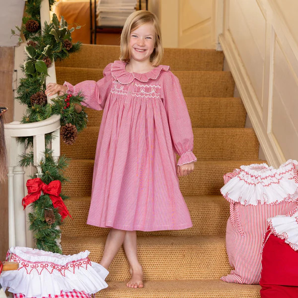Nightingale Girl's Dress Red Vichy with Snow Bow Hand Smocking | Smock London Ltd