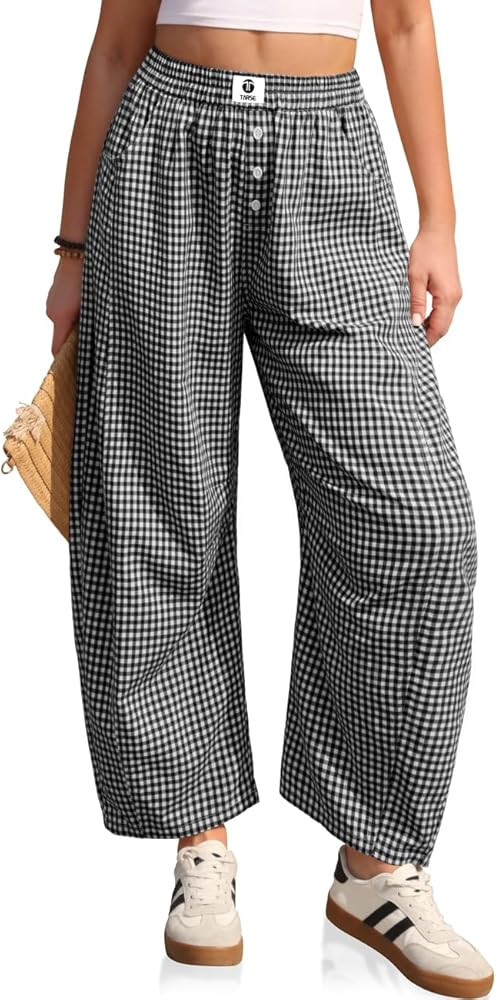 TARSE Gingham Pants Women Barrel Loose Wide Leg Checkered Casual Linen Plaid Trousers with Pocket... | Amazon (US)