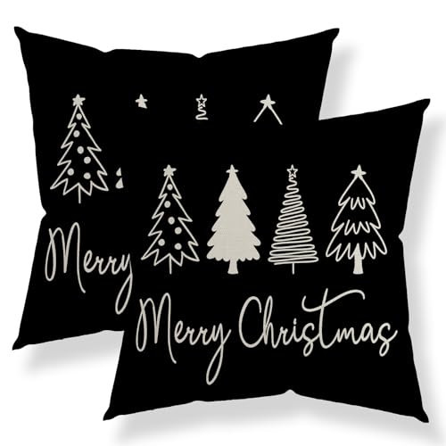QANOK Christmas Pillow Covers 18x18 Set of 2, Black Christmas Decor Christmas Tree Throw Pillows Winter Decorative Cushion Case Christmas Decorations for Home Couch Sofa | Amazon (US)