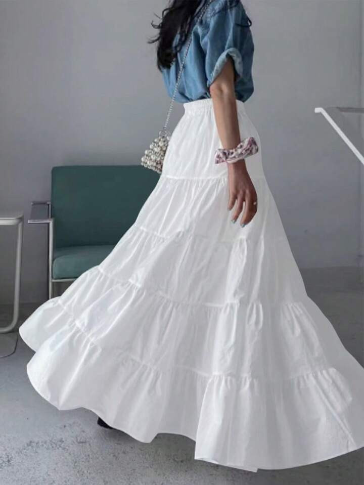 Ladies" White Multi-Layered Ruffle Hem Long Skirt | SHEIN