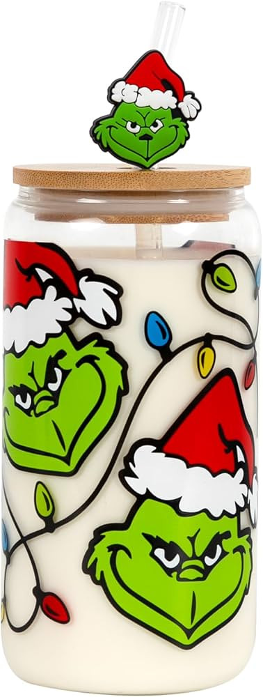 Christmas Gifts, Christmas Iced Coffee Can Glass, 18oz Christmas Glass Cup with Lid and Straw, Xm... | Amazon (US)