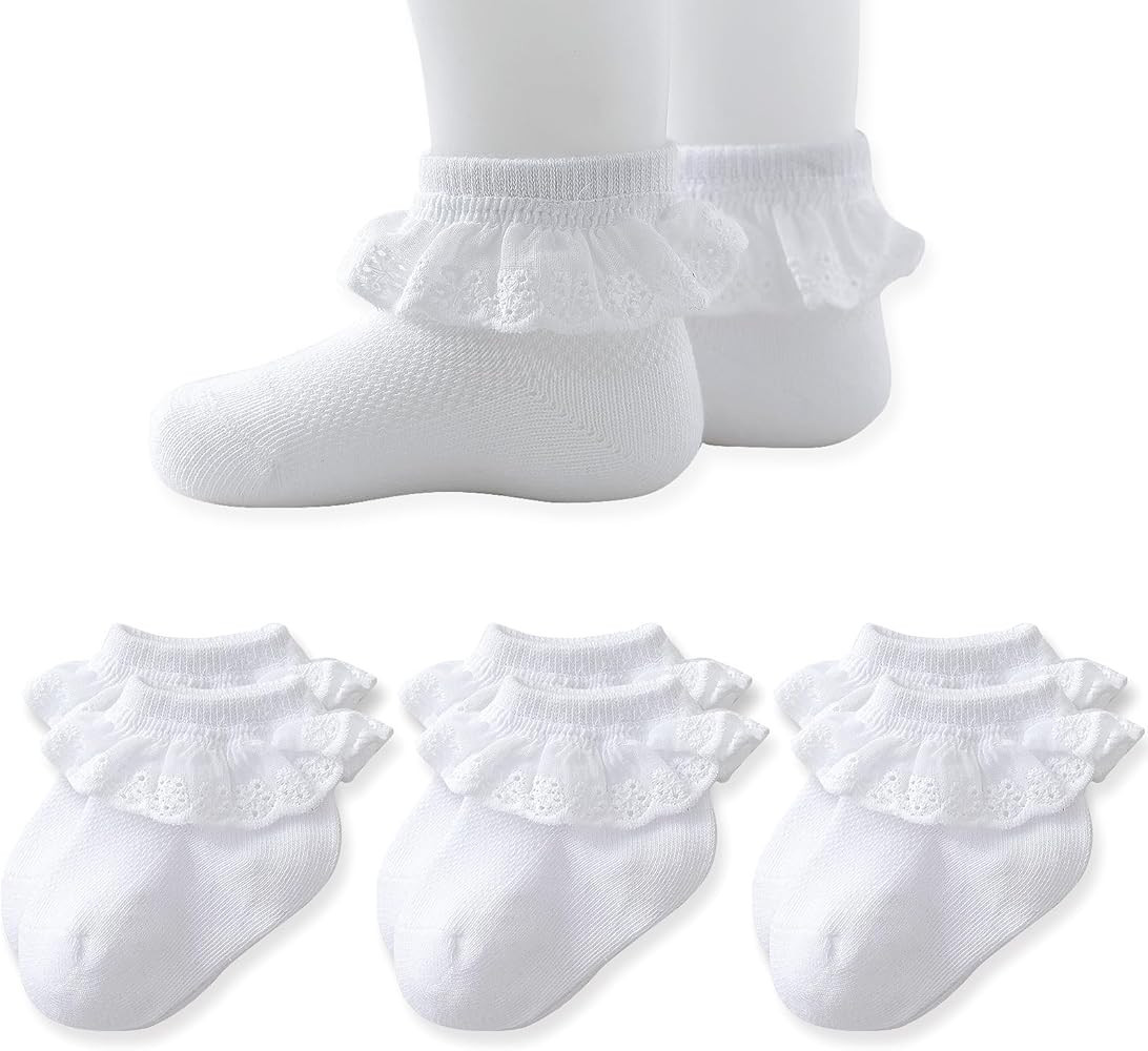 EPEIUS Baby Lace Socks Newborn Girl Eyelet Ruffle Socks Infant Toddler Dress Crew Sox 0-6/6-12/12... | Amazon (US)